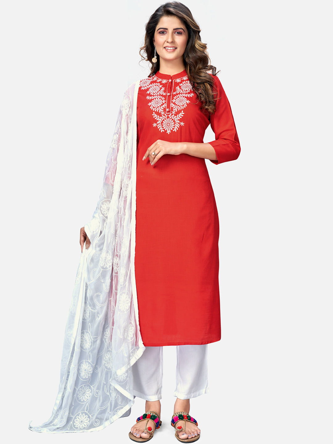 Women's Red Kurta & Pant With Dupatta Set By Vbuyz- (3Pcs Set)