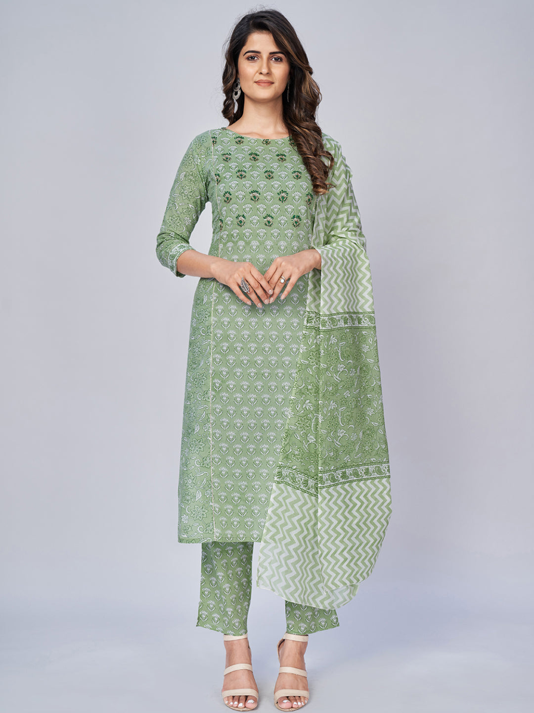 Women's Floral Print & Sequience Work Straight Cotton Pista Kurta Pant With Dupatta - Vbuyz