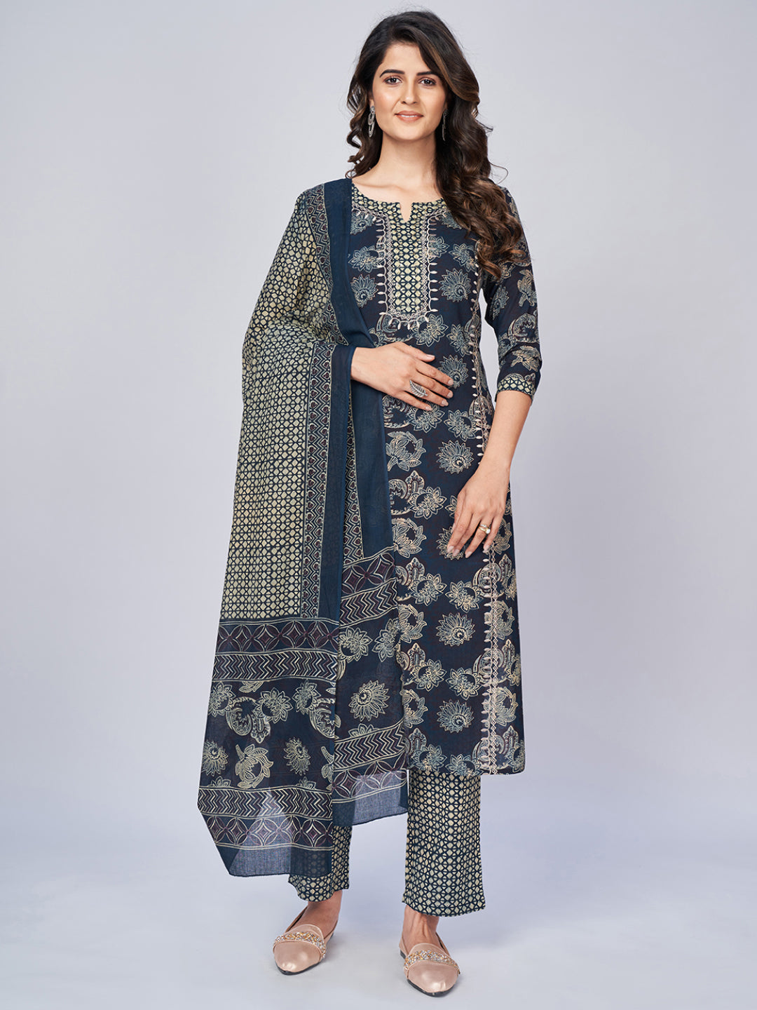 Women's Printed & Embroidered Straight Cotton Blue Kurta Pant With Dupatta - Vbuyz