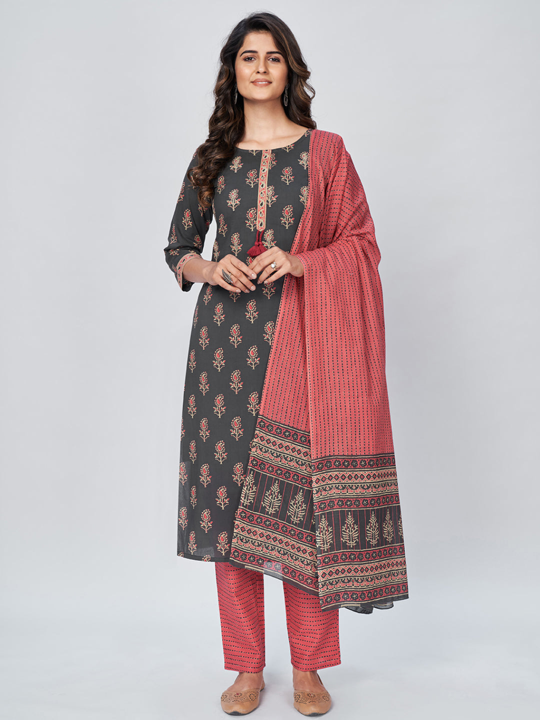 Women's Printed & Embroidered Straight Cotton Grey Kurta Pant With Dupatta - Vbuyz