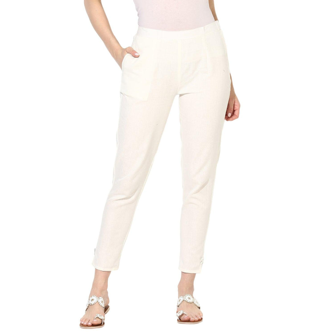 Women's Cream Chambray Cigarette Trousers - Noz2Toz - Indiakreations