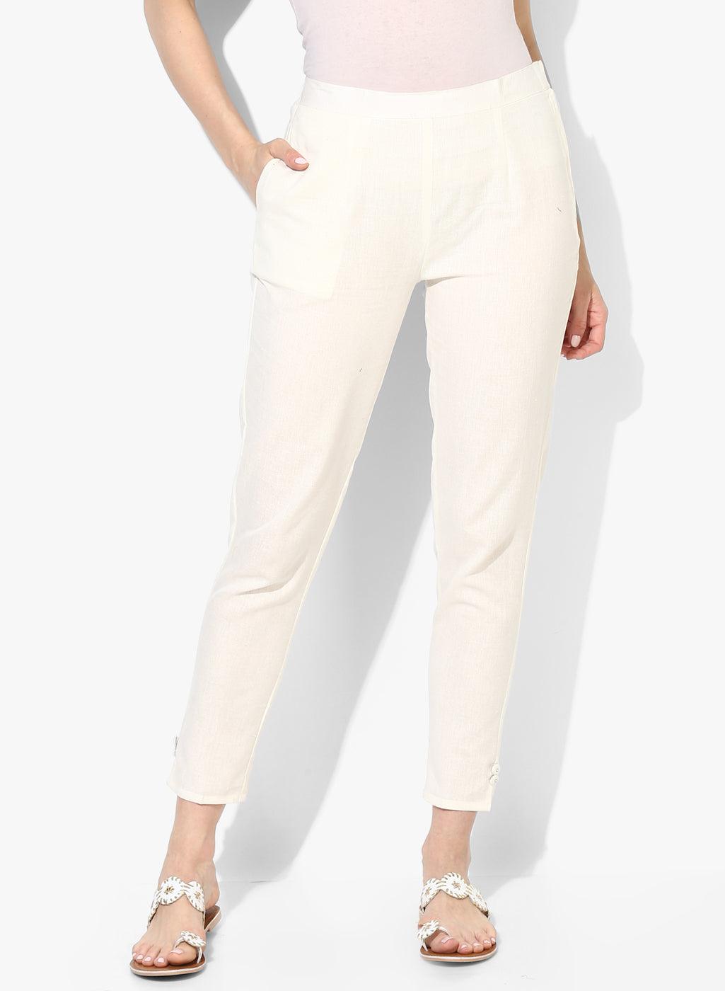 Women's Cream Chambray Cigarette Trousers - Noz2Toz - Indiakreations