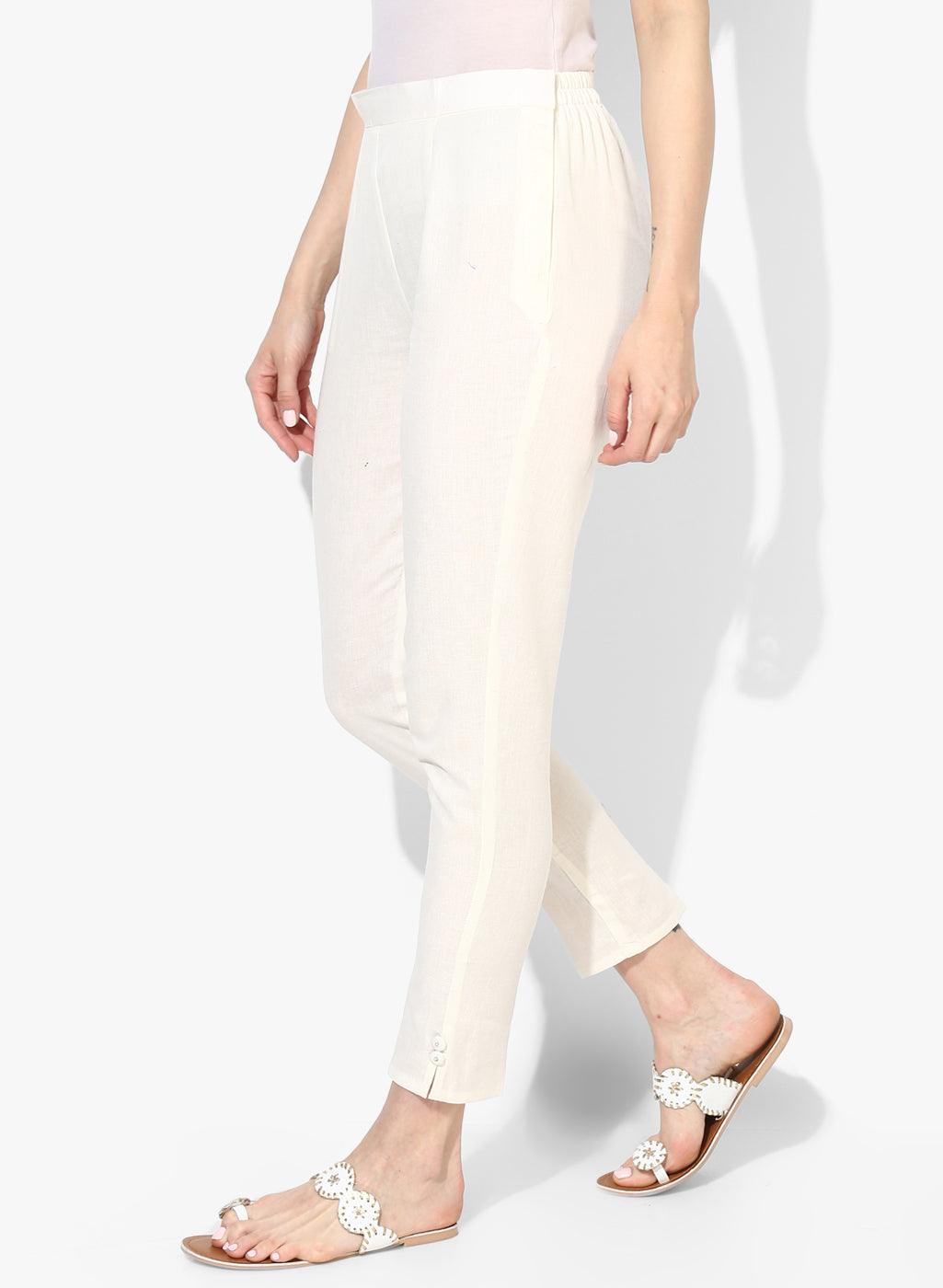 Women's Cream Chambray Cigarette Trousers - Noz2Toz - Indiakreations