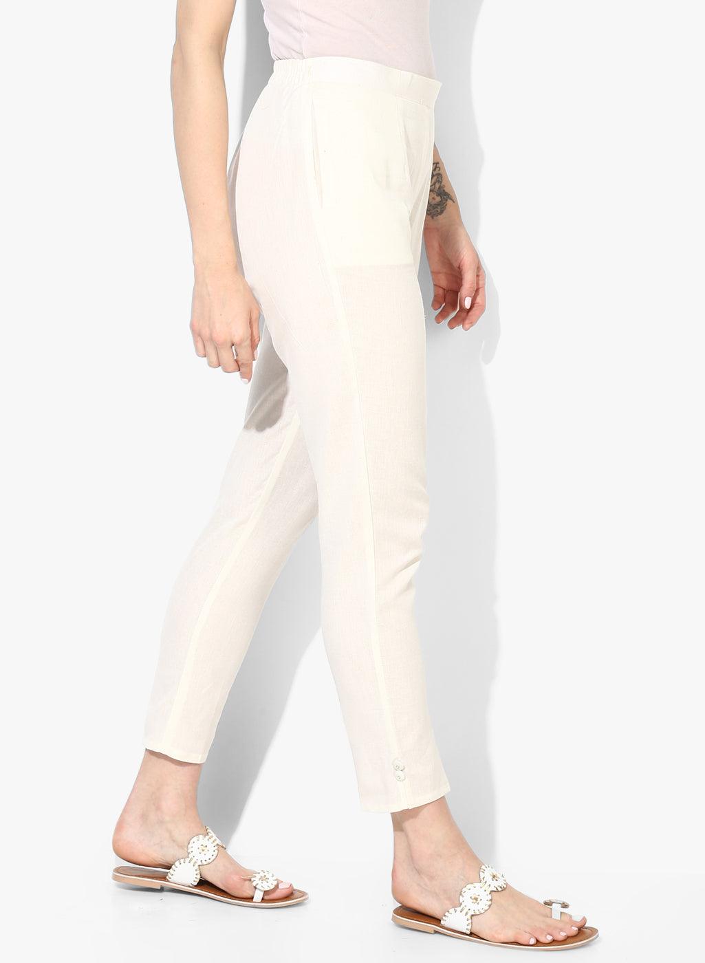 Women's Cream Chambray Cigarette Trousers - Noz2Toz - Indiakreations