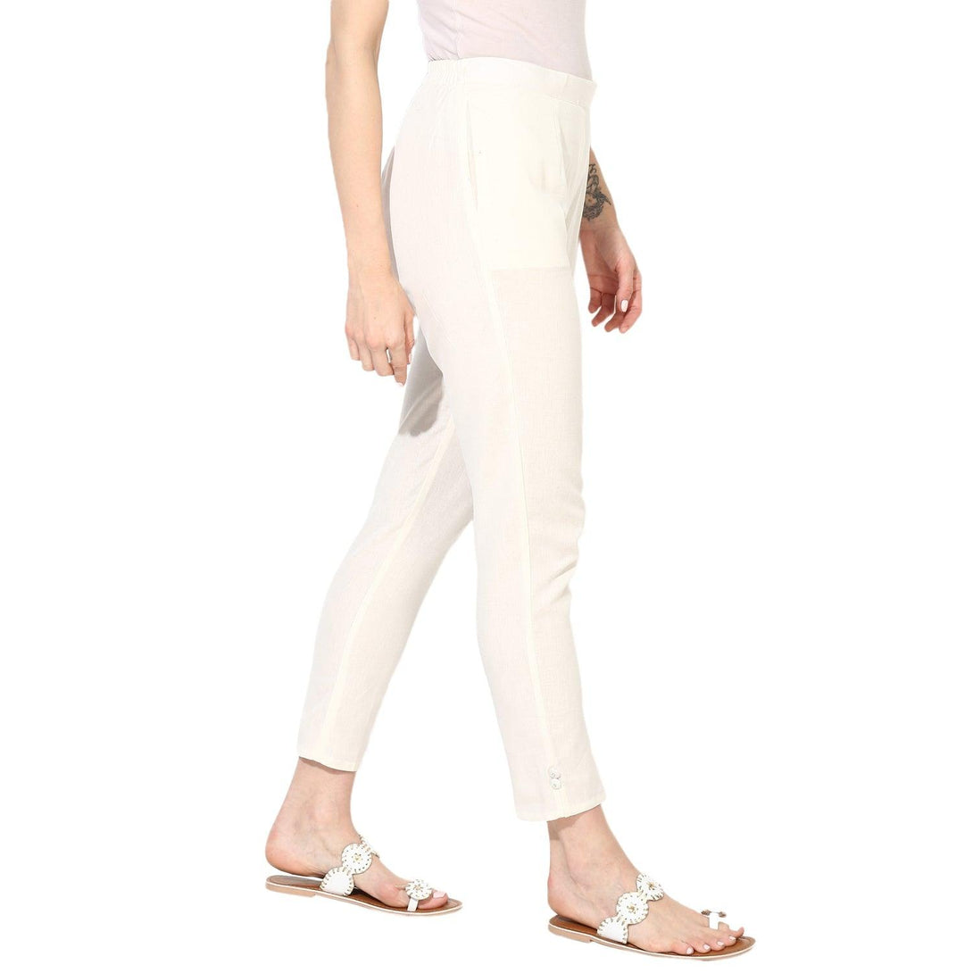 Women's Cream Chambray Cigarette Trousers - Noz2Toz - Indiakreations