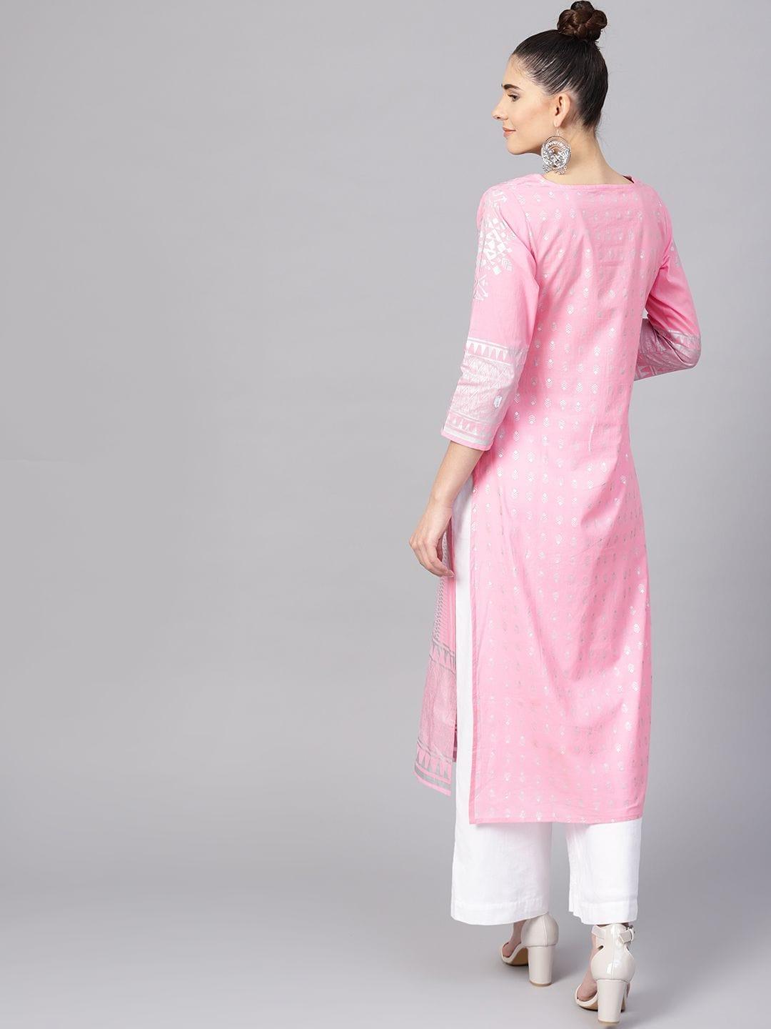 Pink Foil Print Straight Kurta - Indiakreations