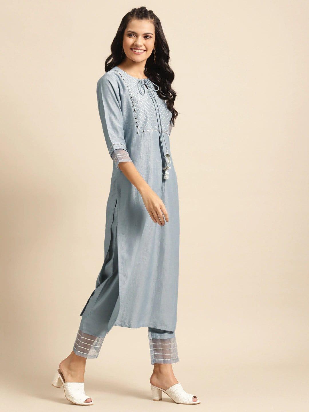 Varanga Grey & Off-White Gotta Patti Detail Kurta with Trousers & Dupatta - Indiakreations