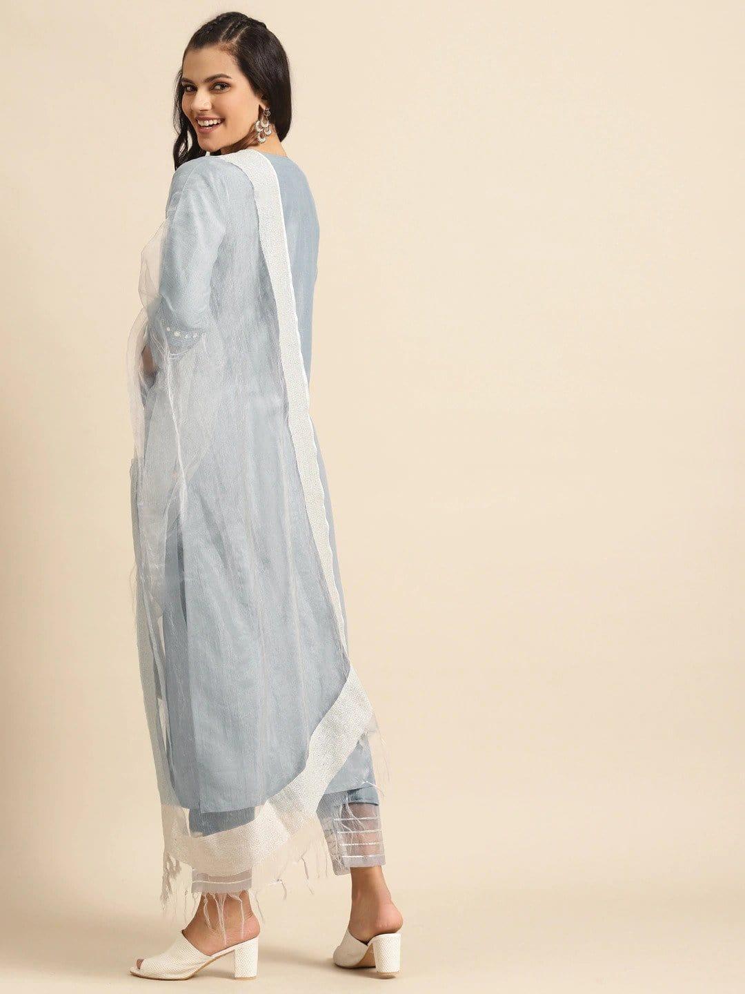 Varanga Grey & Off-White Gotta Patti Detail Kurta with Trousers & Dupatta - Indiakreations