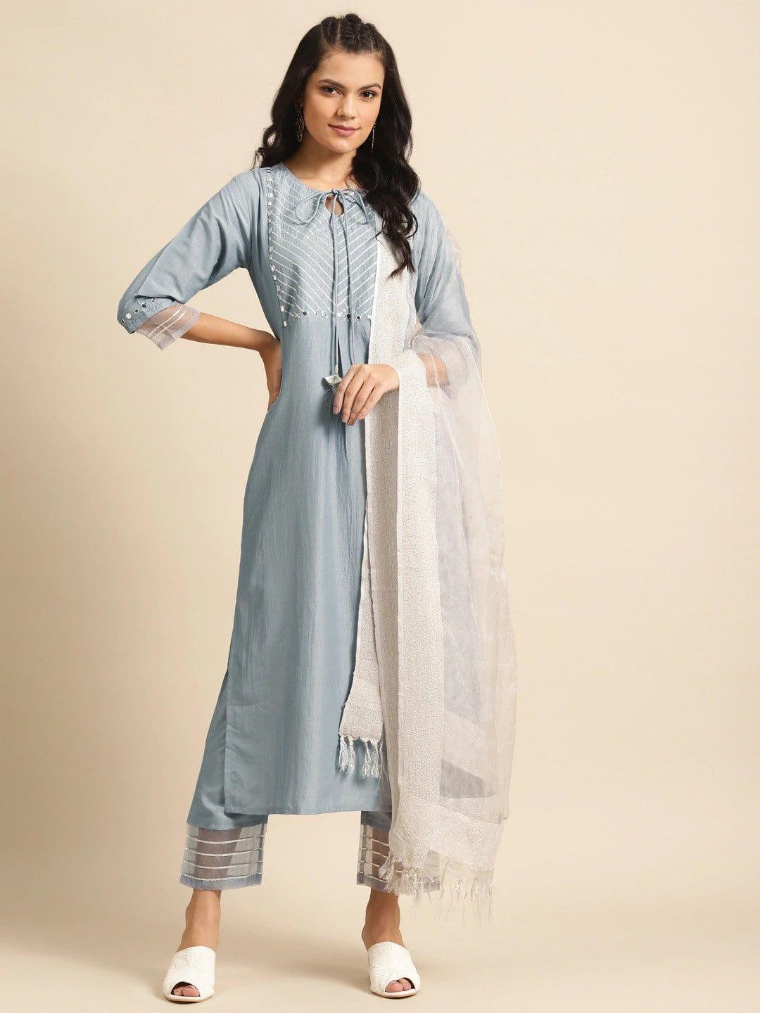 Varanga Grey & Off-White Gotta Patti Detail Kurta with Trousers & Dupatta - Indiakreations