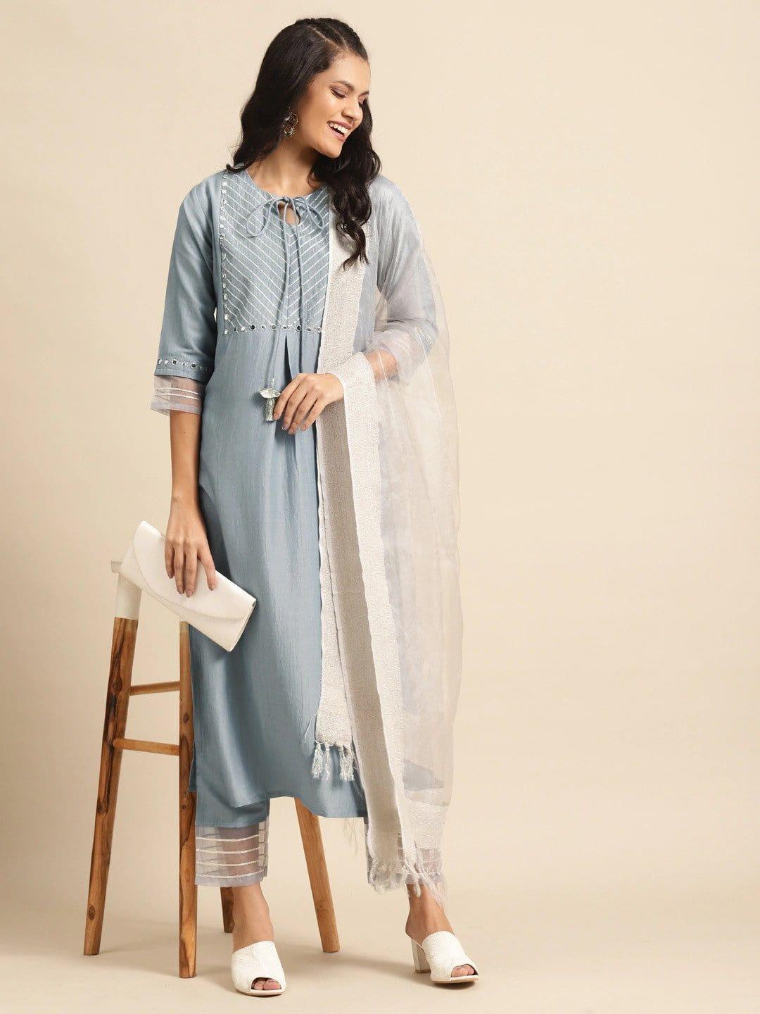 Varanga Grey & Off-White Gotta Patti Detail Kurta with Trousers & Dupatta - Indiakreations