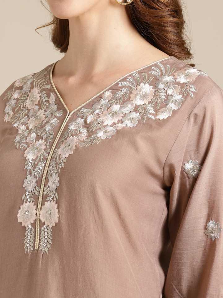 Beige Kurta With Thread And Zari Embroidery Paired With White Shifley palazzo And Dupatta - Indiakreations