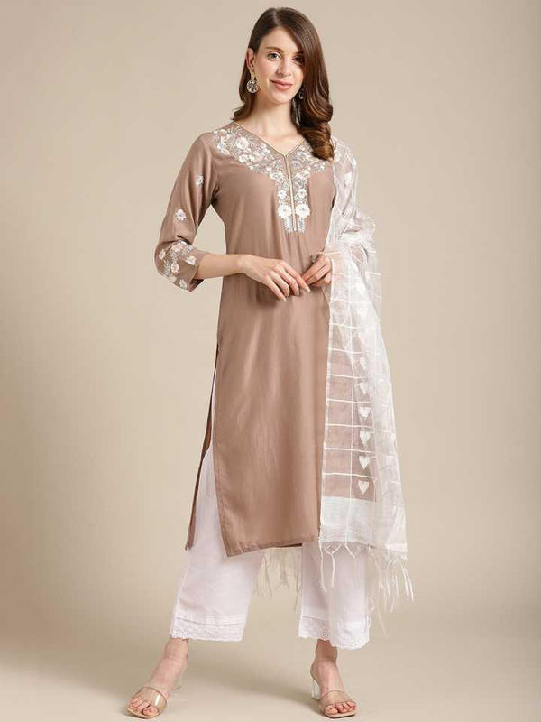 Beige Kurta With Thread And Zari Embroidery Paired With White Shifley palazzo And Dupatta - Indiakreations