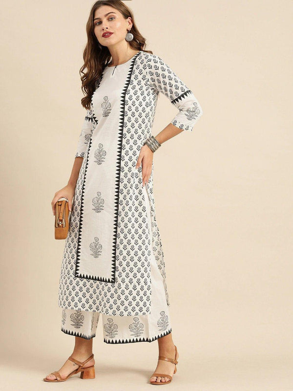 White & Black Printed Kurta with Palazzos - Indiakreations