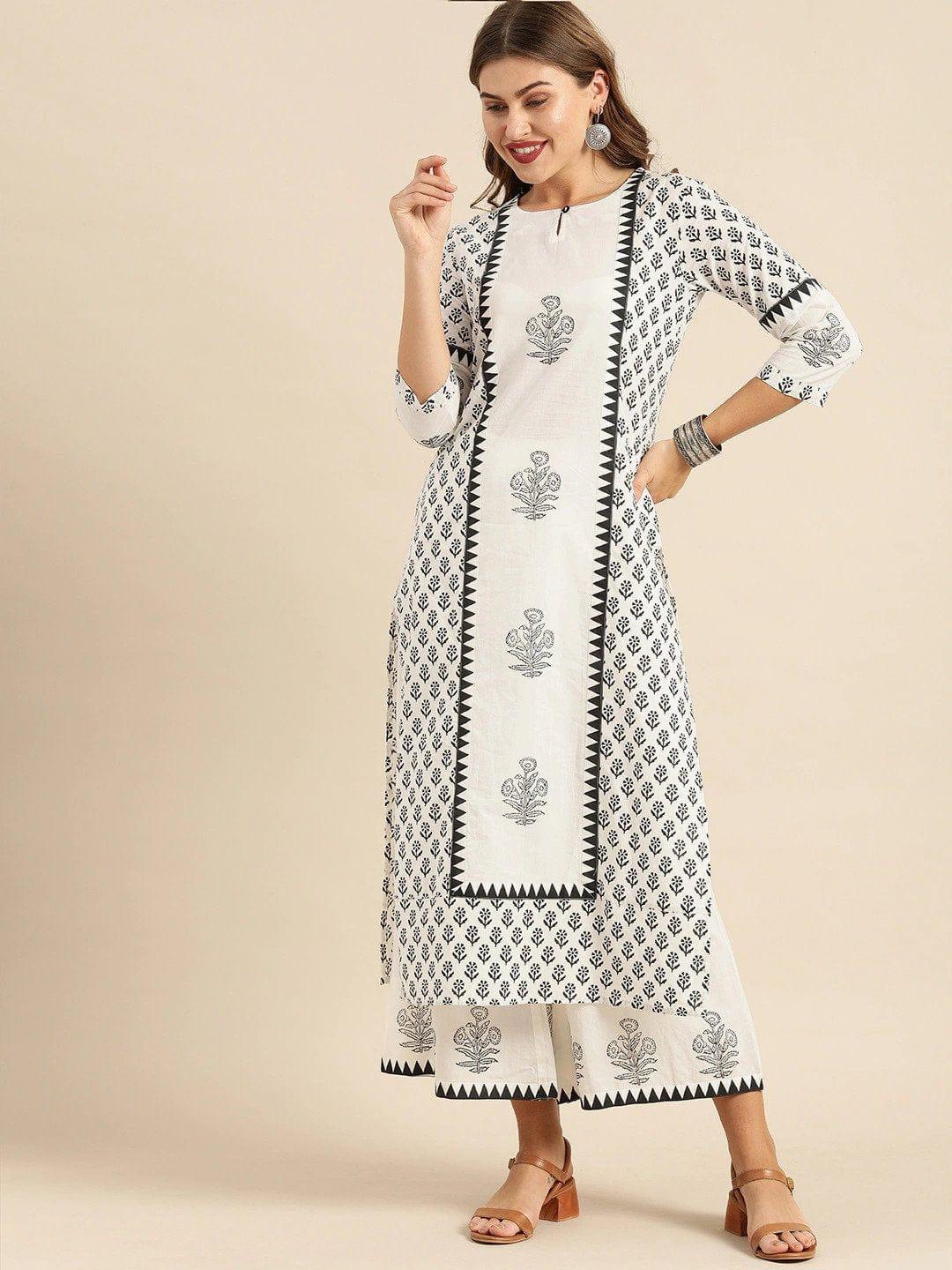 White & Black Printed Kurta with Palazzos - Indiakreations