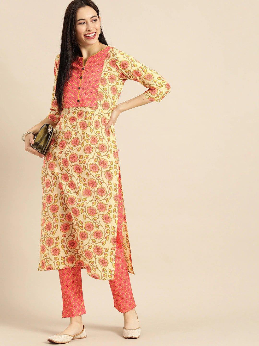 Beige & Peach-Coloured Printed Kurta with Trousers - Indiakreations