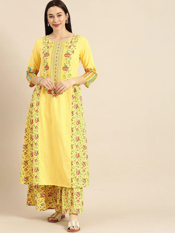 Mustard & Pink Printed Kurta with Palazzos - Indiakreations