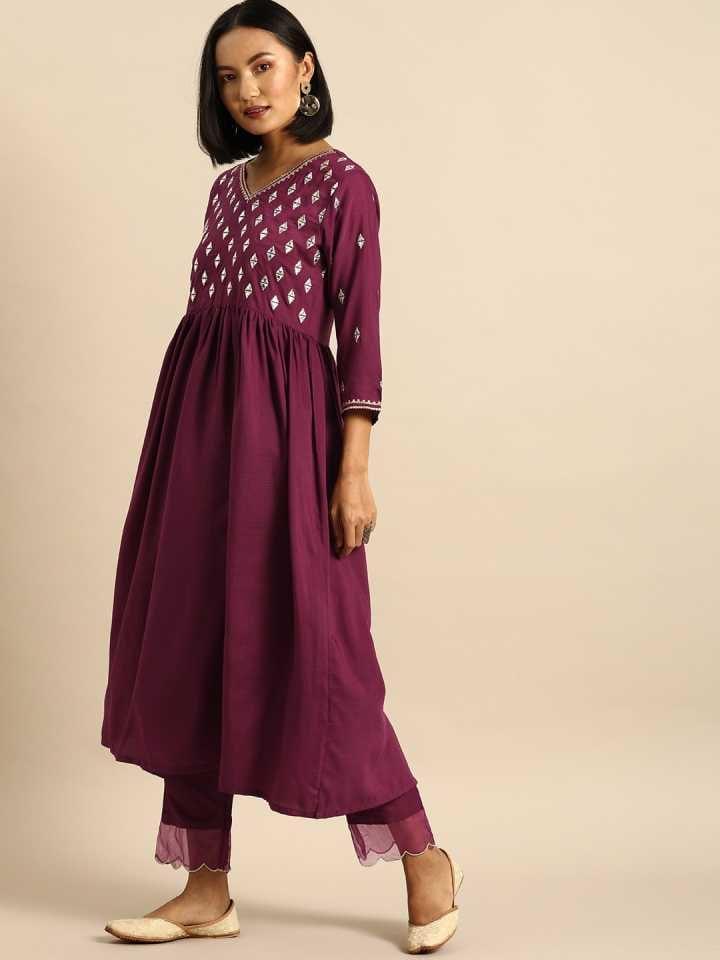 Purple Kurta and Pant Set Silk Blend - Indiakreations