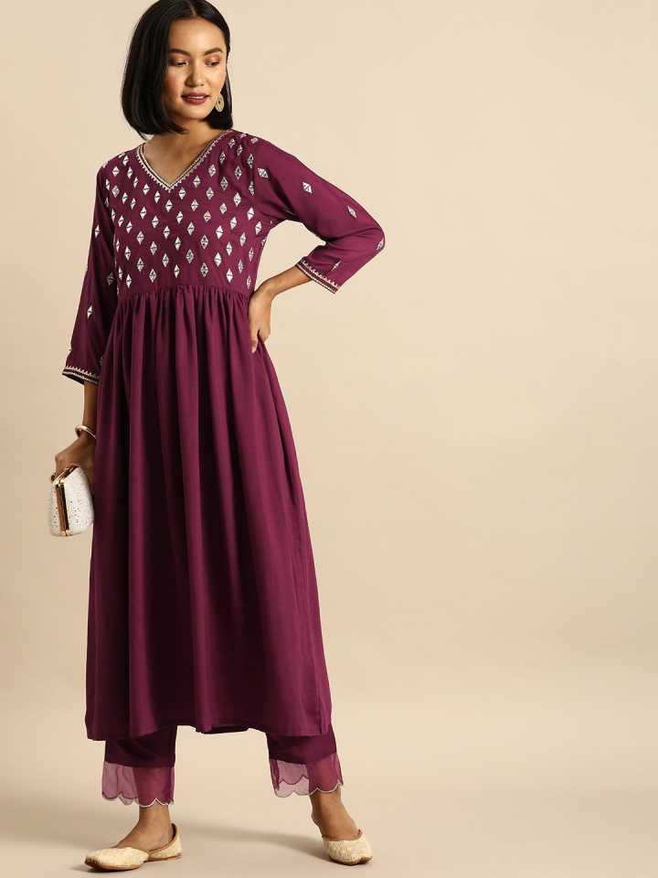 Purple Kurta and Pant Set Silk Blend - Indiakreations