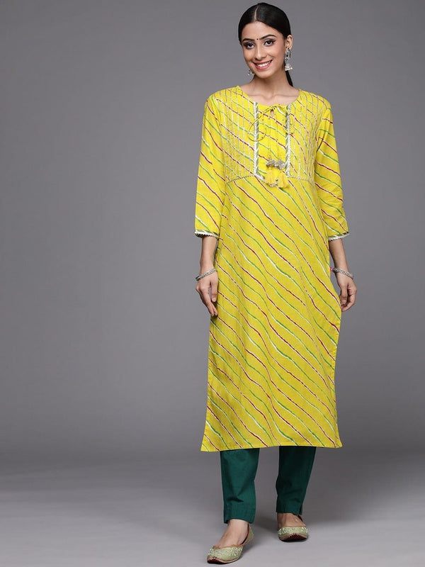 Varanga Women Yellow Magenta Leheriya Embellished Gotta Patti Kurta - Indiakreations