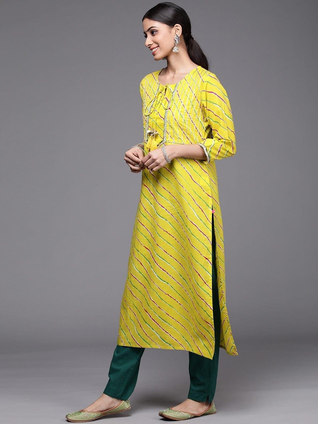 Varanga Women Yellow Magenta Leheriya Embellished Gotta Patti Kurta - Indiakreations