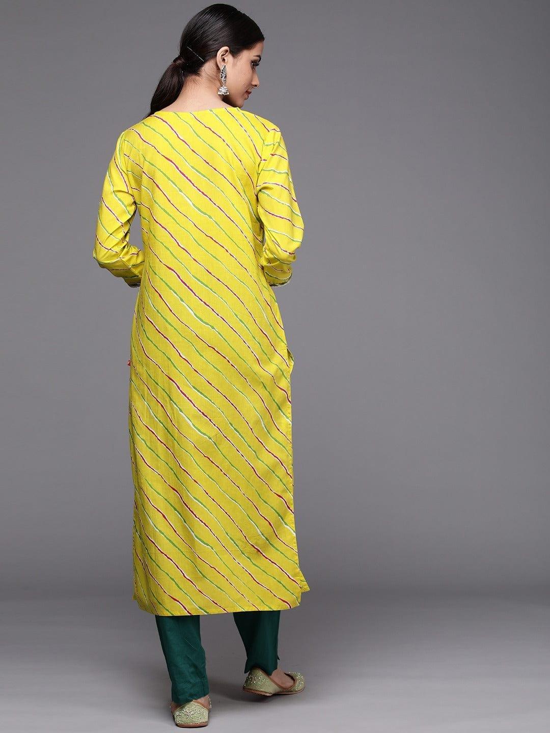 Varanga Women Yellow Magenta Leheriya Embellished Gotta Patti Kurta - Indiakreations