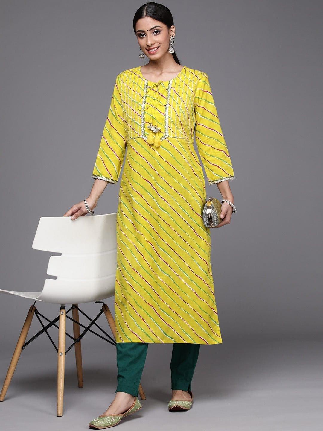 Varanga Women Yellow Magenta Leheriya Embellished Gotta Patti Kurta - Indiakreations