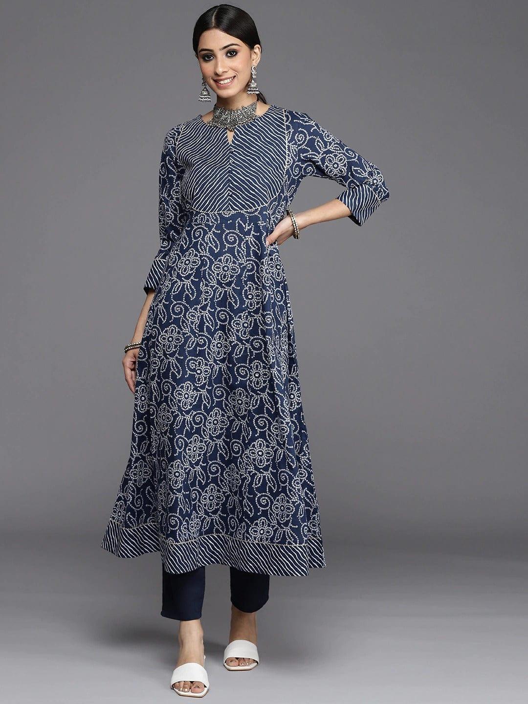 Varanga Women Navy Blue White Bandhani Printed Gotta Patti Cotton Kurta - Indiakreations