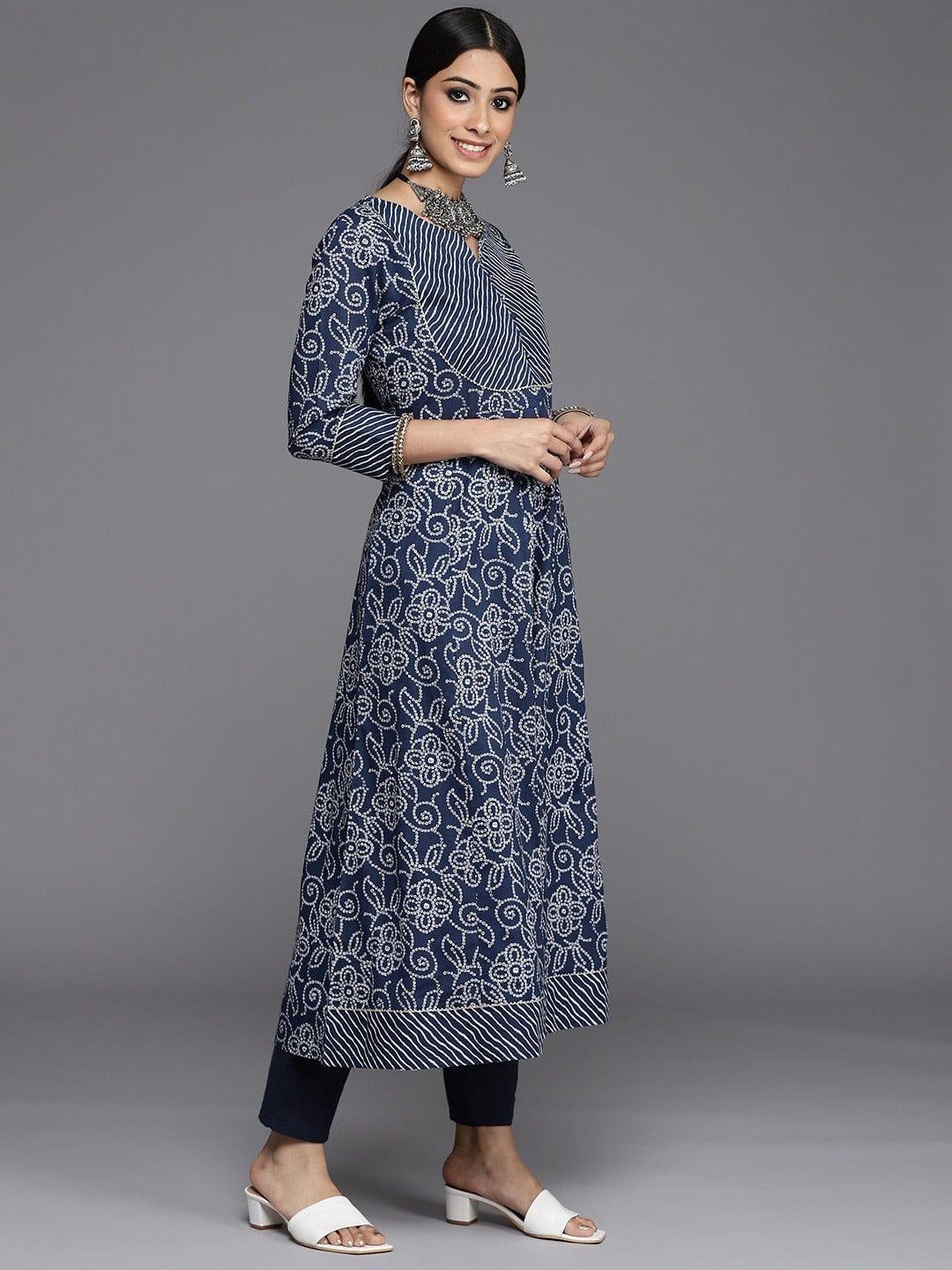 Varanga Women Navy Blue White Bandhani Printed Gotta Patti Cotton Kurta - Indiakreations