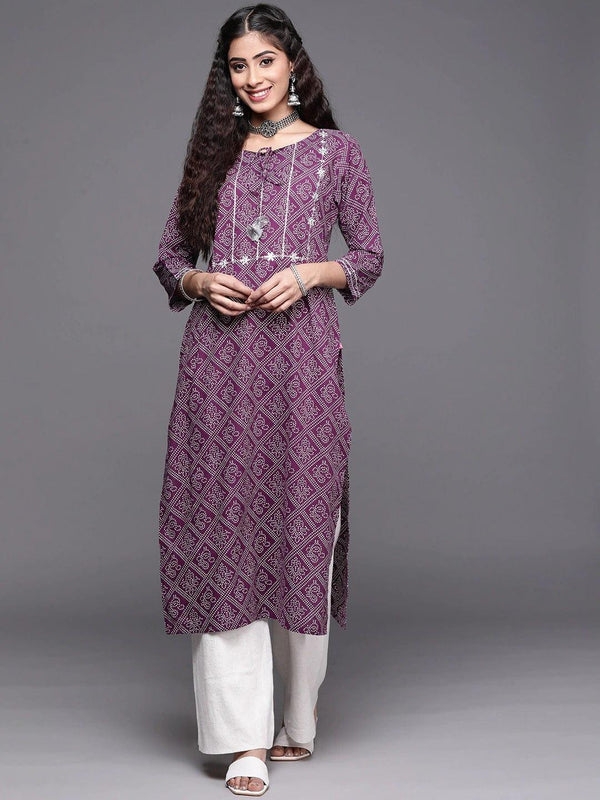 Varanga Women Purple White Pure Cotton Bandhani Printed Embroidered Detail Kurta - Indiakreations