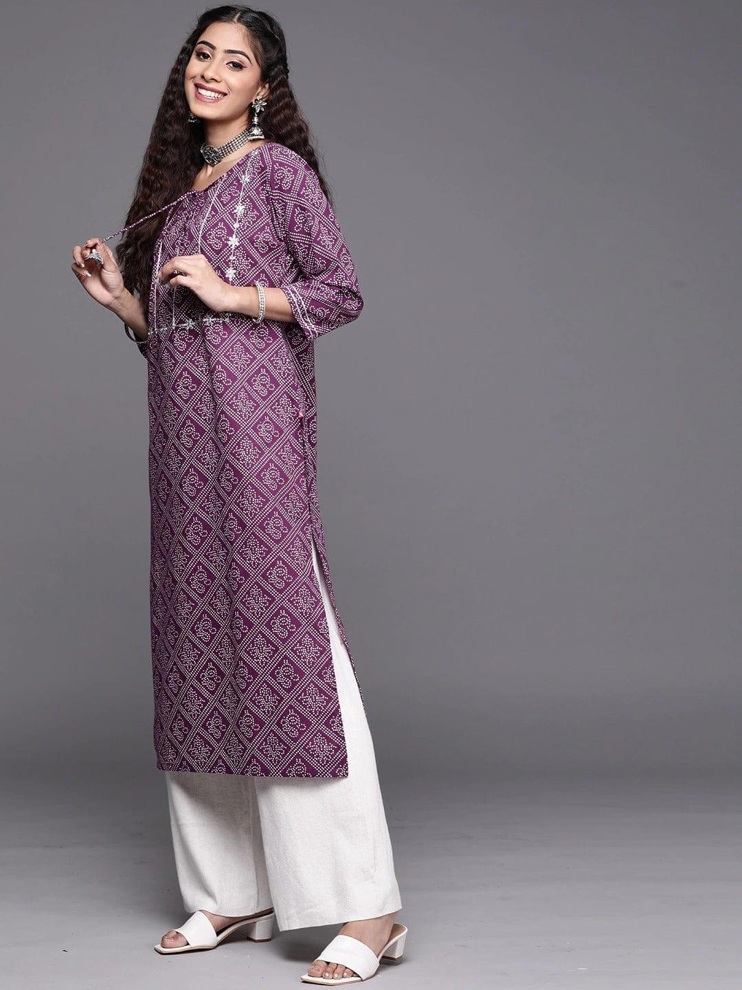 Varanga Women Purple White Pure Cotton Bandhani Printed Embroidered Detail Kurta - Indiakreations