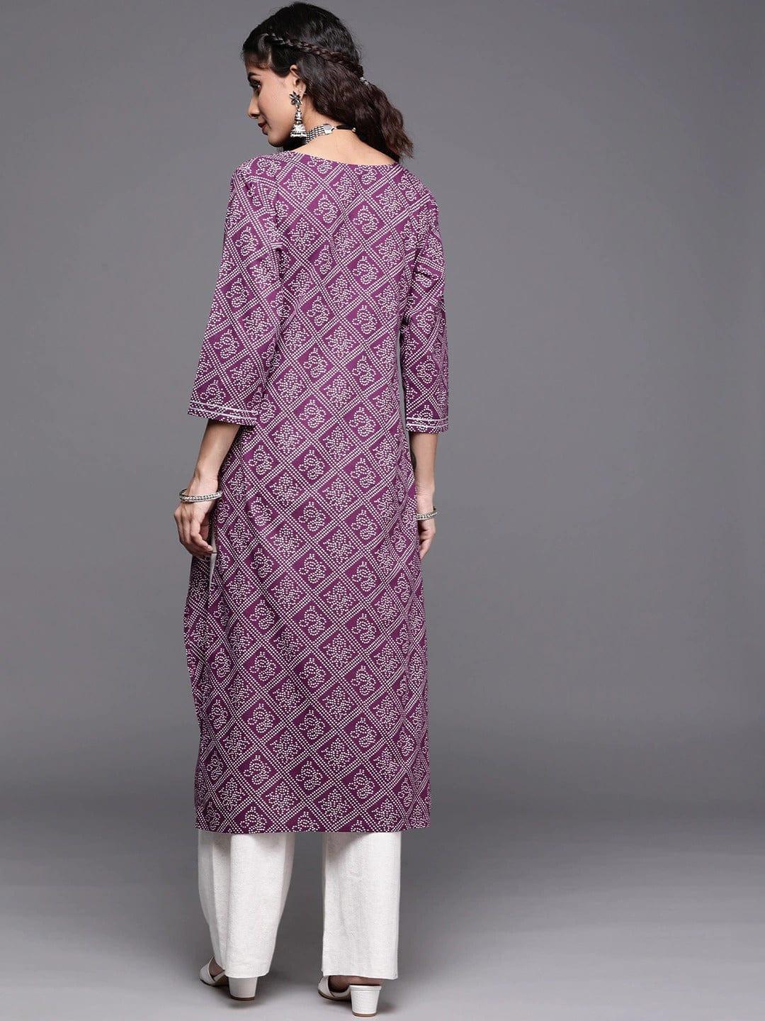 Varanga Women Purple White Pure Cotton Bandhani Printed Embroidered Detail Kurta - Indiakreations