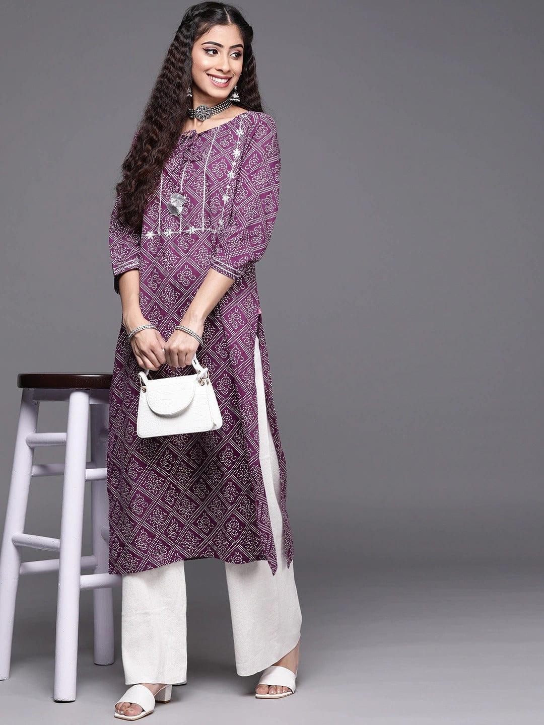 Varanga Women Purple White Pure Cotton Bandhani Printed Embroidered Detail Kurta - Indiakreations