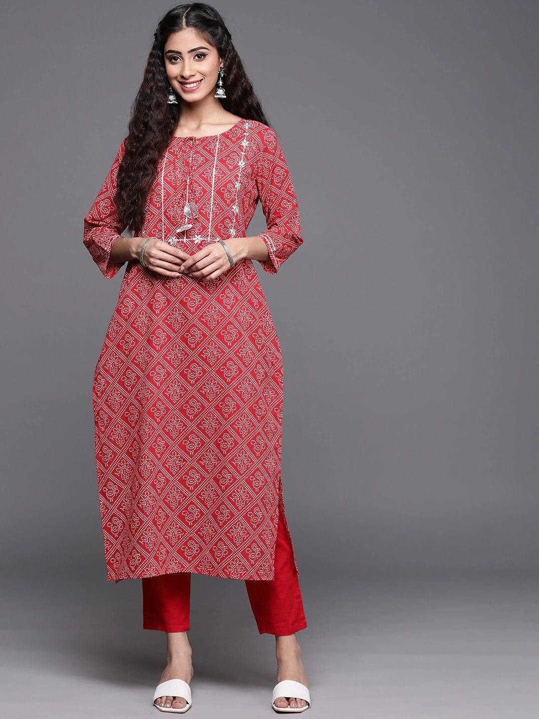 Varanga Women Red White Pure Cotton Bandhani Printed Embroidered Detail Kurta - Indiakreations