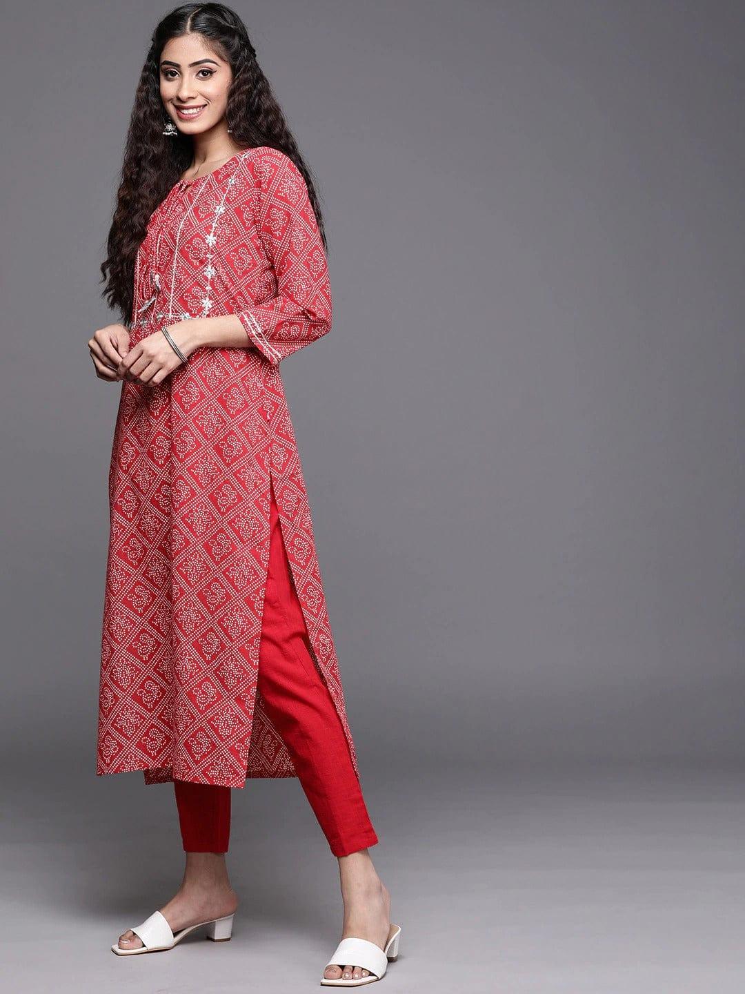 Varanga Women Red White Pure Cotton Bandhani Printed Embroidered Detail Kurta - Indiakreations