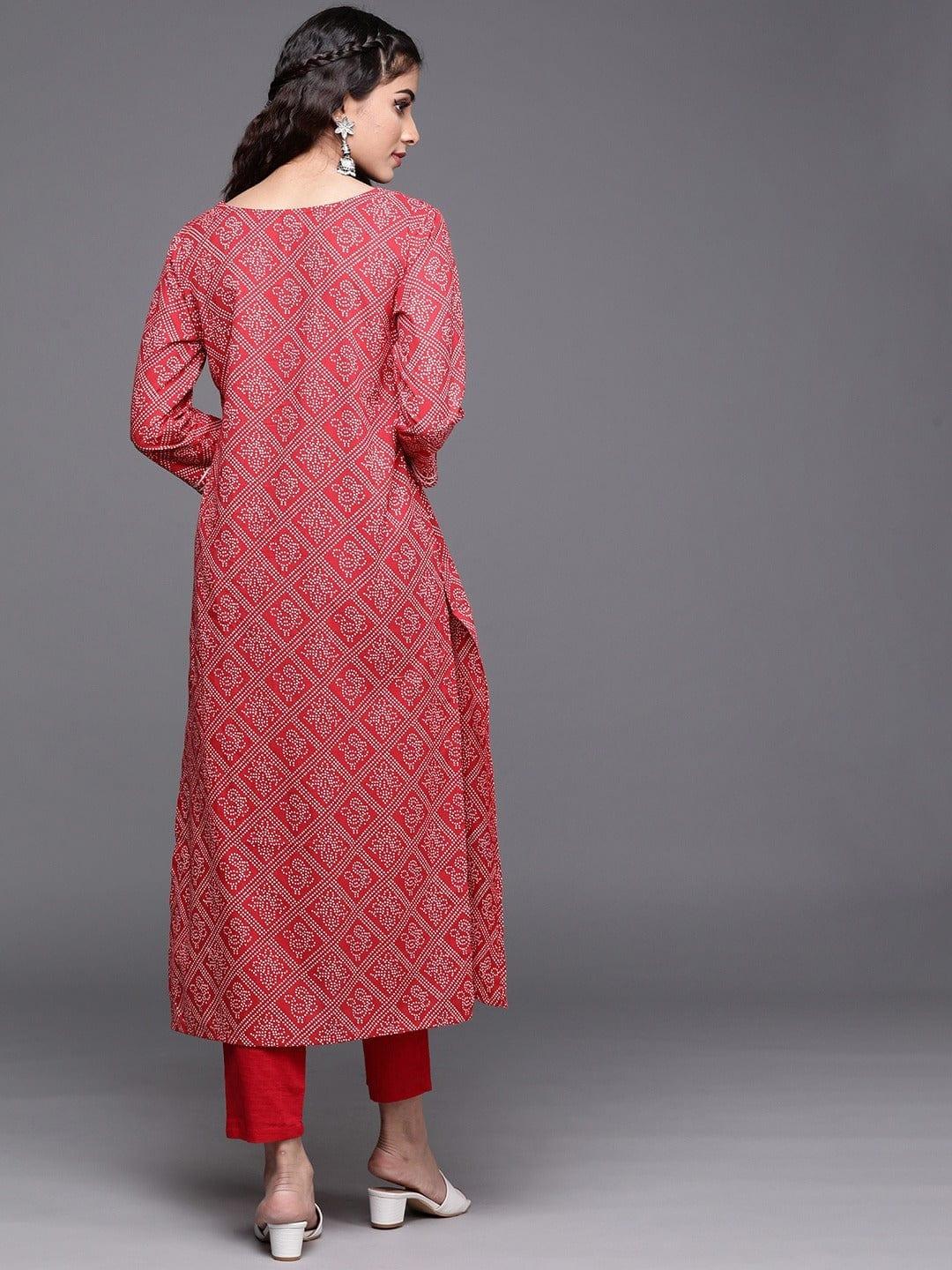 Varanga Women Red White Pure Cotton Bandhani Printed Embroidered Detail Kurta - Indiakreations