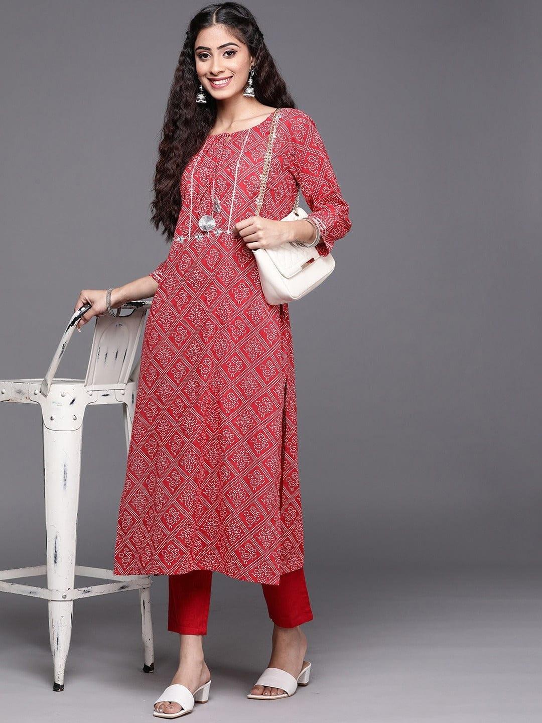 Varanga Women Red White Pure Cotton Bandhani Printed Embroidered Detail Kurta - Indiakreations