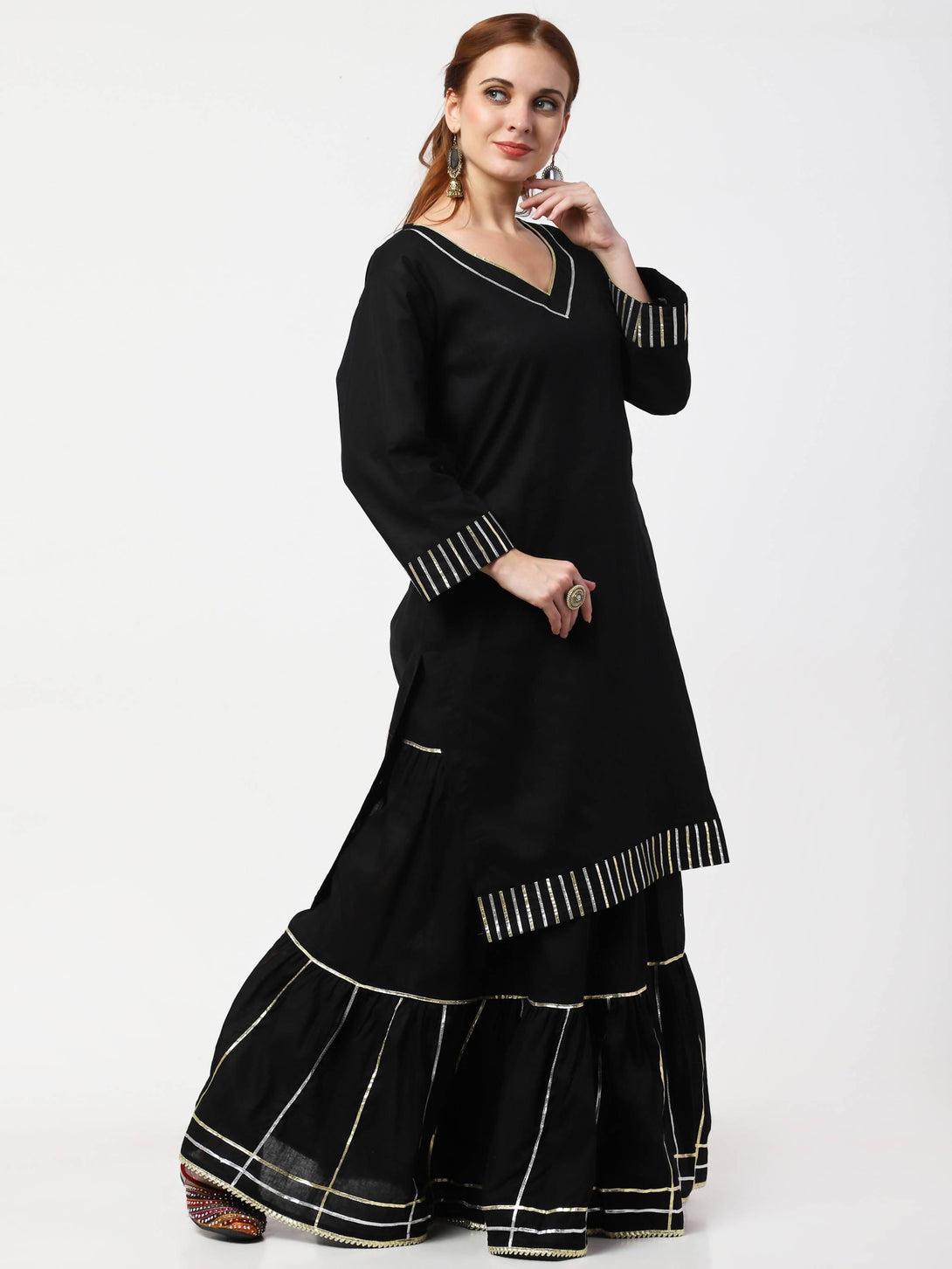 Women's Black & Red Kurta Skirt Dupatta set - Cheera - Indiakreations