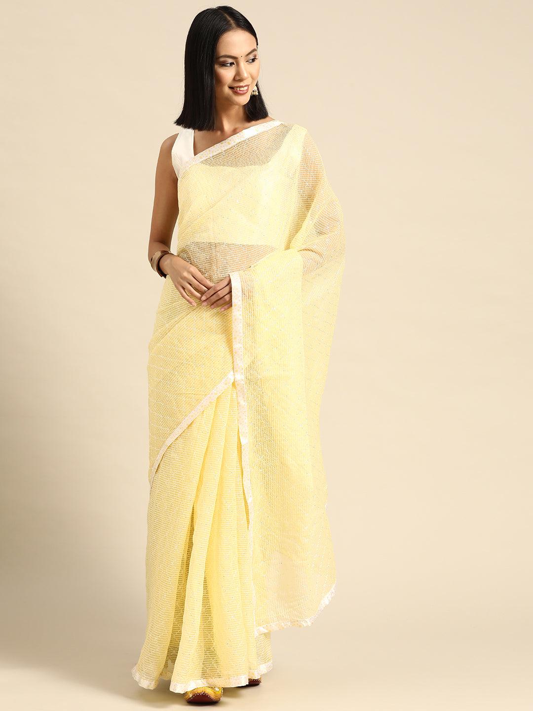 Designer Trendy Embroidery And Strip Work Pure Chiffon Saree In Yellow - Indiakreations