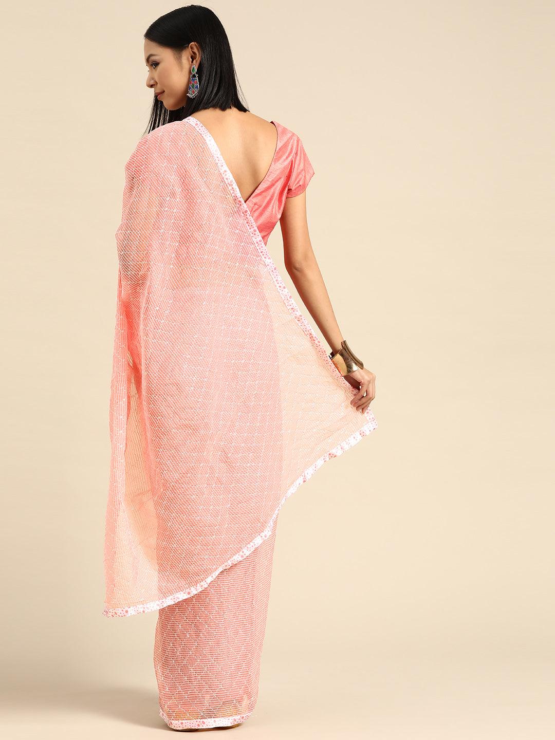 Trendy Women Striped Embroidered Work Pure Chiffon Saree In Pink - Indiakreations