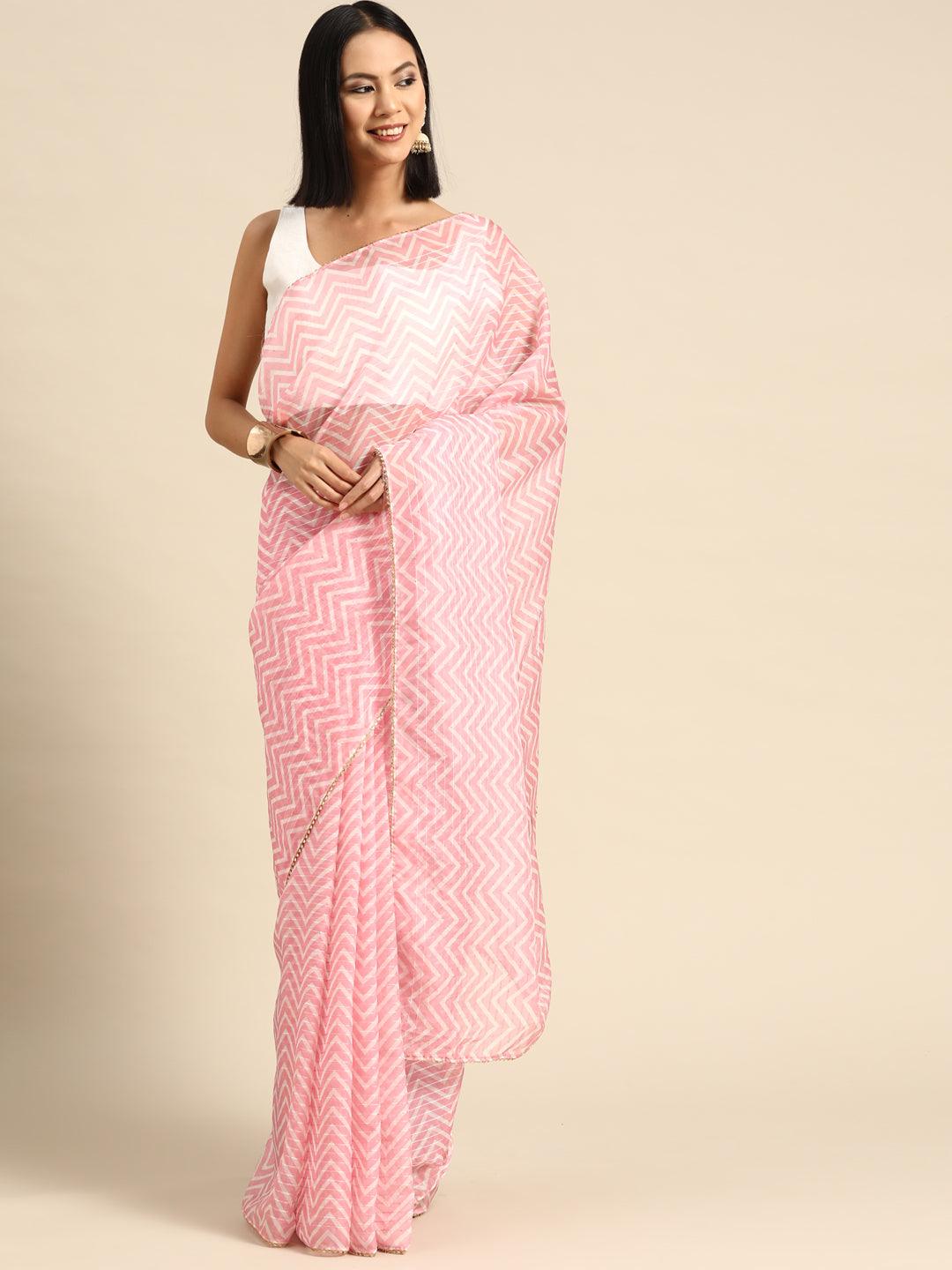 Designer Poly Georgette Embroidered Saree In Pink With Blouse - Indiakreations