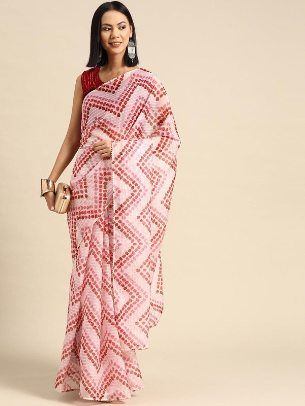 Beautiful Peach Striped Printed Poly Georgette Saree With Blouse - Indiakreations