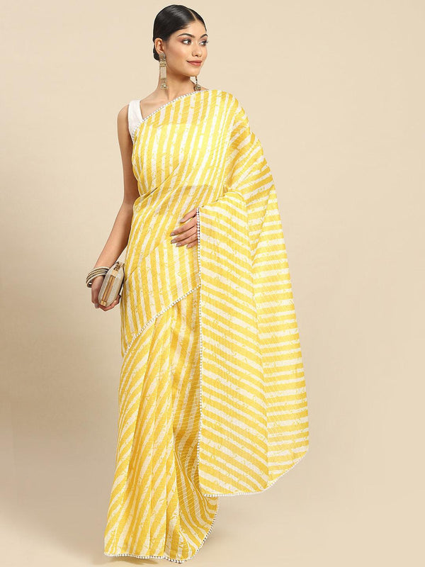 Beautiful Trendy Leheriya Printed Poly Georgette Saree In Yellow. - Indiakreations