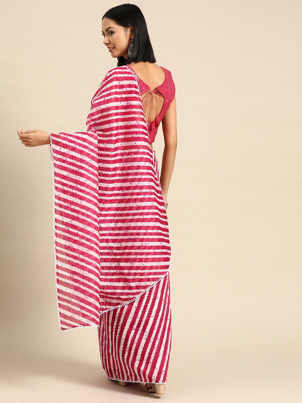 Latest Designer Pink Leheriya Printed Poly Georgette Saree With Blouse - Indiakreations