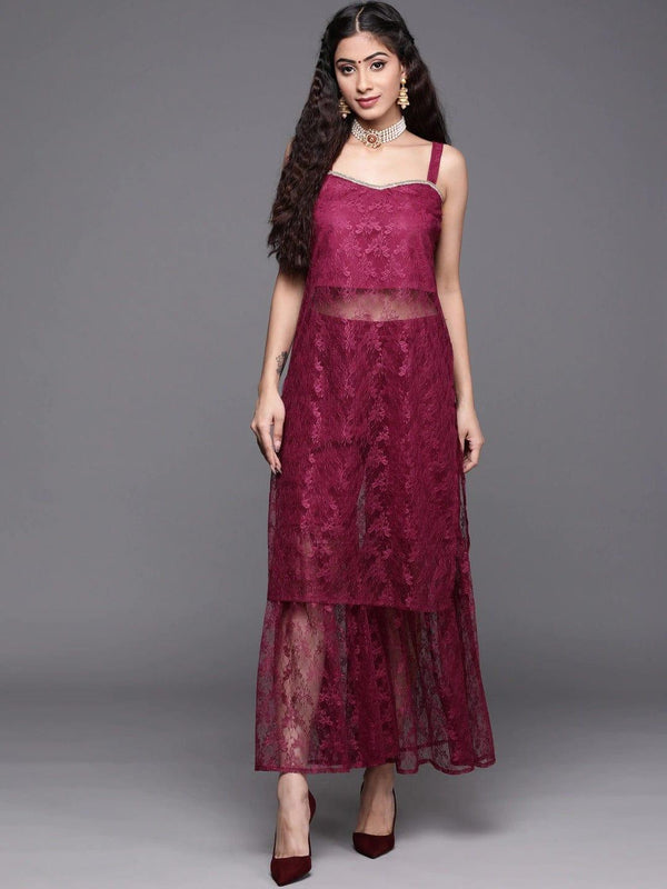 Varanga Women Magenta Floral Lace Kurta with Sharara - Indiakreations