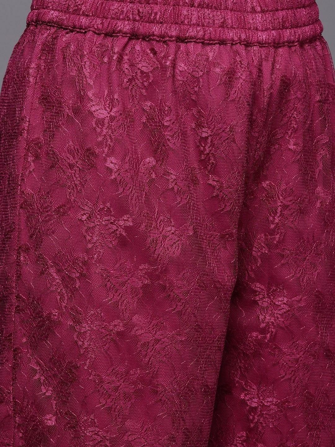 Varanga Women Magenta Floral Lace Kurta with Sharara - Indiakreations