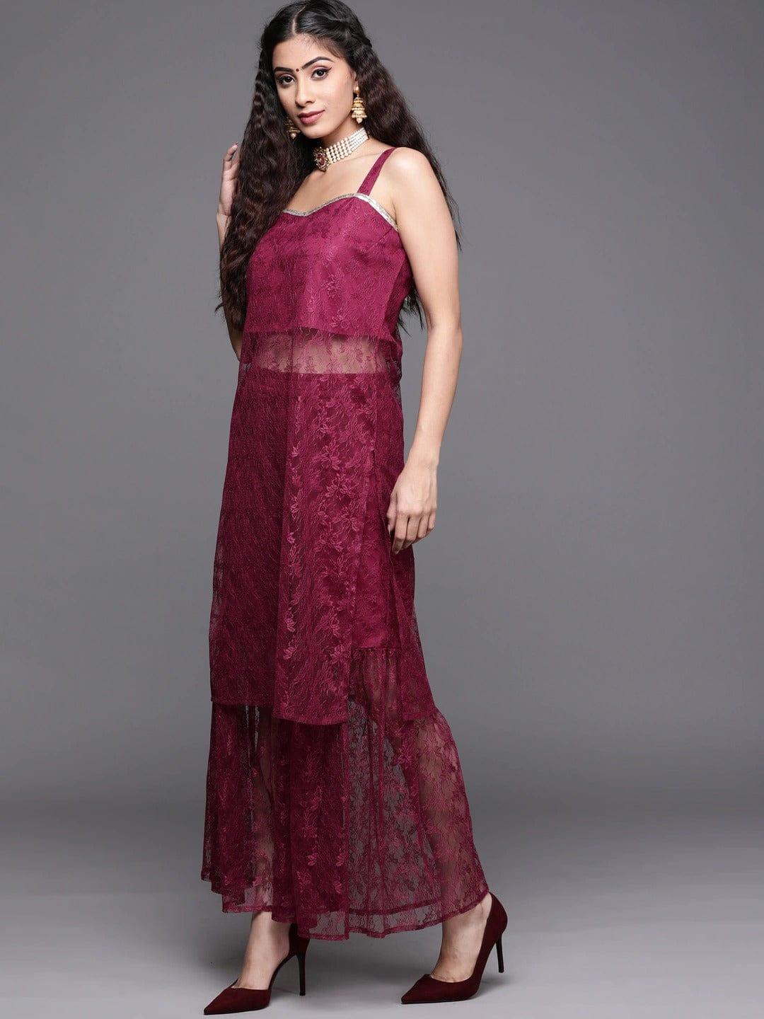 Varanga Women Magenta Floral Lace Kurta with Sharara - Indiakreations