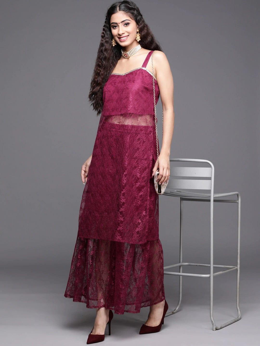 Varanga Women Magenta Floral Lace Kurta with Sharara - Indiakreations