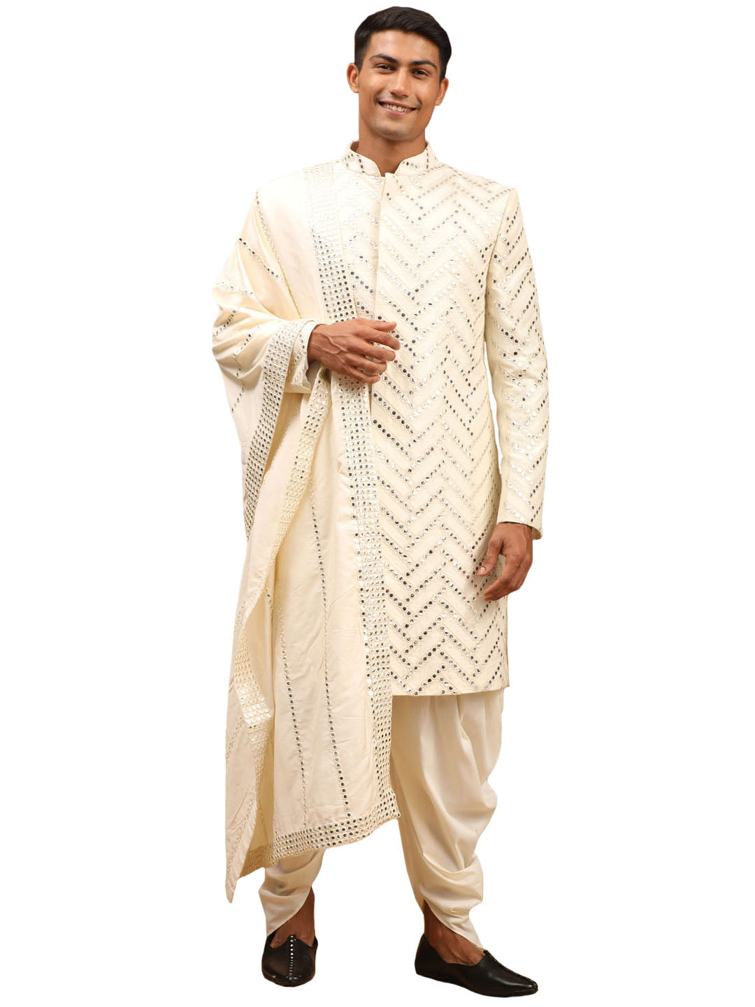 Men's Cream Silk Blend Sherwani Set With Dupatta - Shrestha By Vastramay