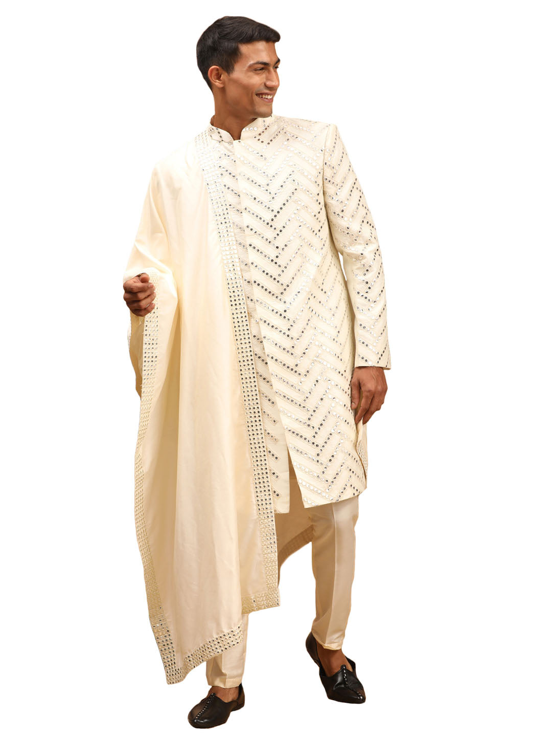 Men's Cream Silk Blend Sherwani Set With Dupatta - Shrestha By Vastramay