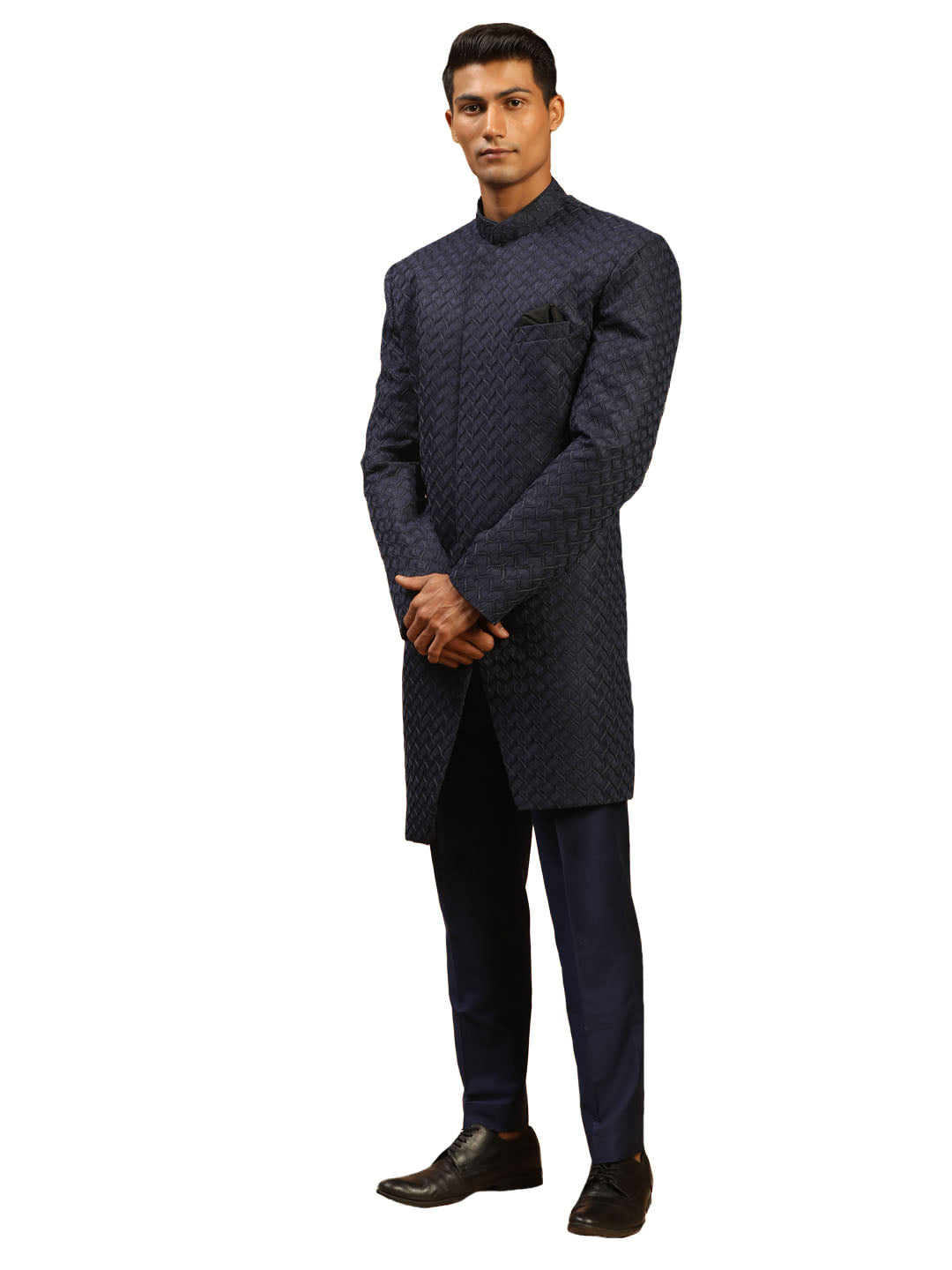 Men's Navy Blue Silk Sherwani Set - Shrestha By Vastramay